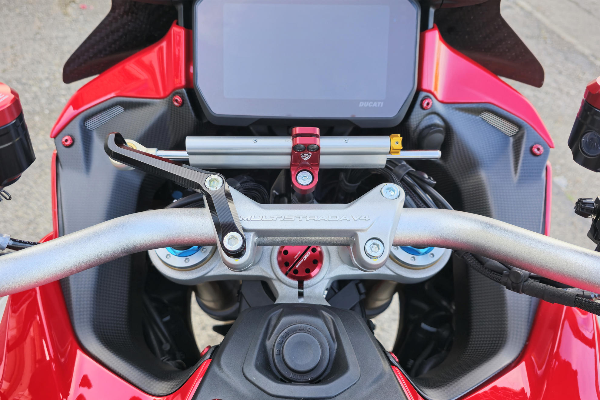 CNC Racing Steering Damper Mount kit for Ducati Multistrada V4 Pikes Peak / RS with OE Handlebar Clamp / Riser CNC Racing Steering Damper Mount kit for Ducati Multistrada V4 Pikes Peak / RS with OE Handlebar Clamp / Riser